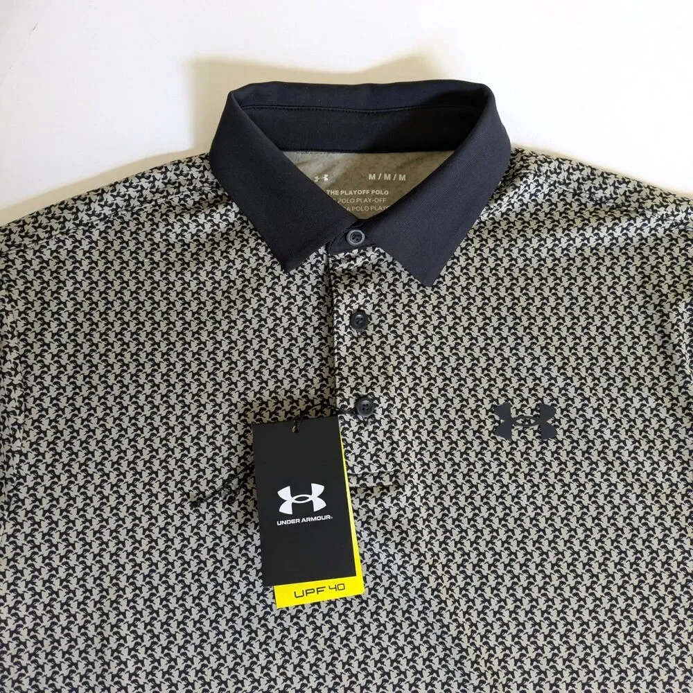 Under Armour Playoff Polo Shirt M Tan Black Micro Print UPF 40 Loose Fit READ - Picture 2 of 11